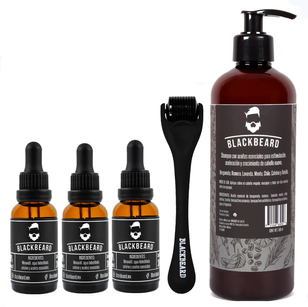 Minoxidil 10% + dermaroller Blackbeard y shampoo Con Cafeína 5 piezas