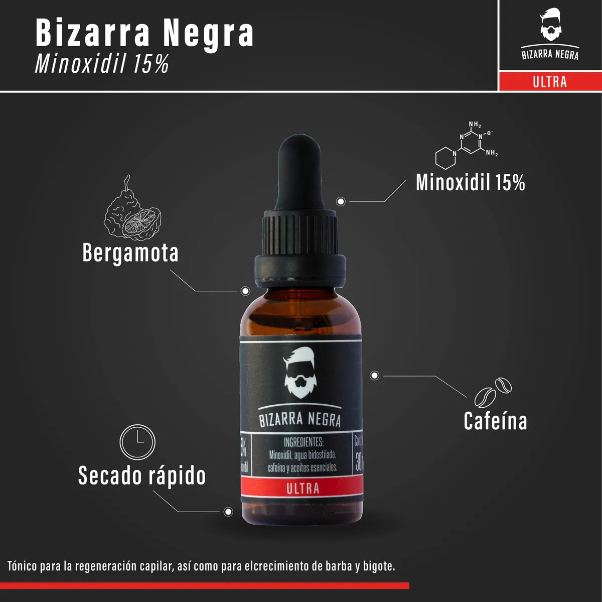 Minoxidil 15% Bizarra Negra Para Cabello Y Barba 3 Piezas