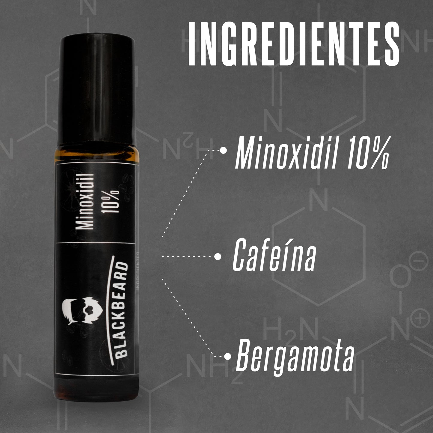 Minoxidil Al 10% en roll on + Aplicador Blackbeard adicionado con Cafeína 4 piezas