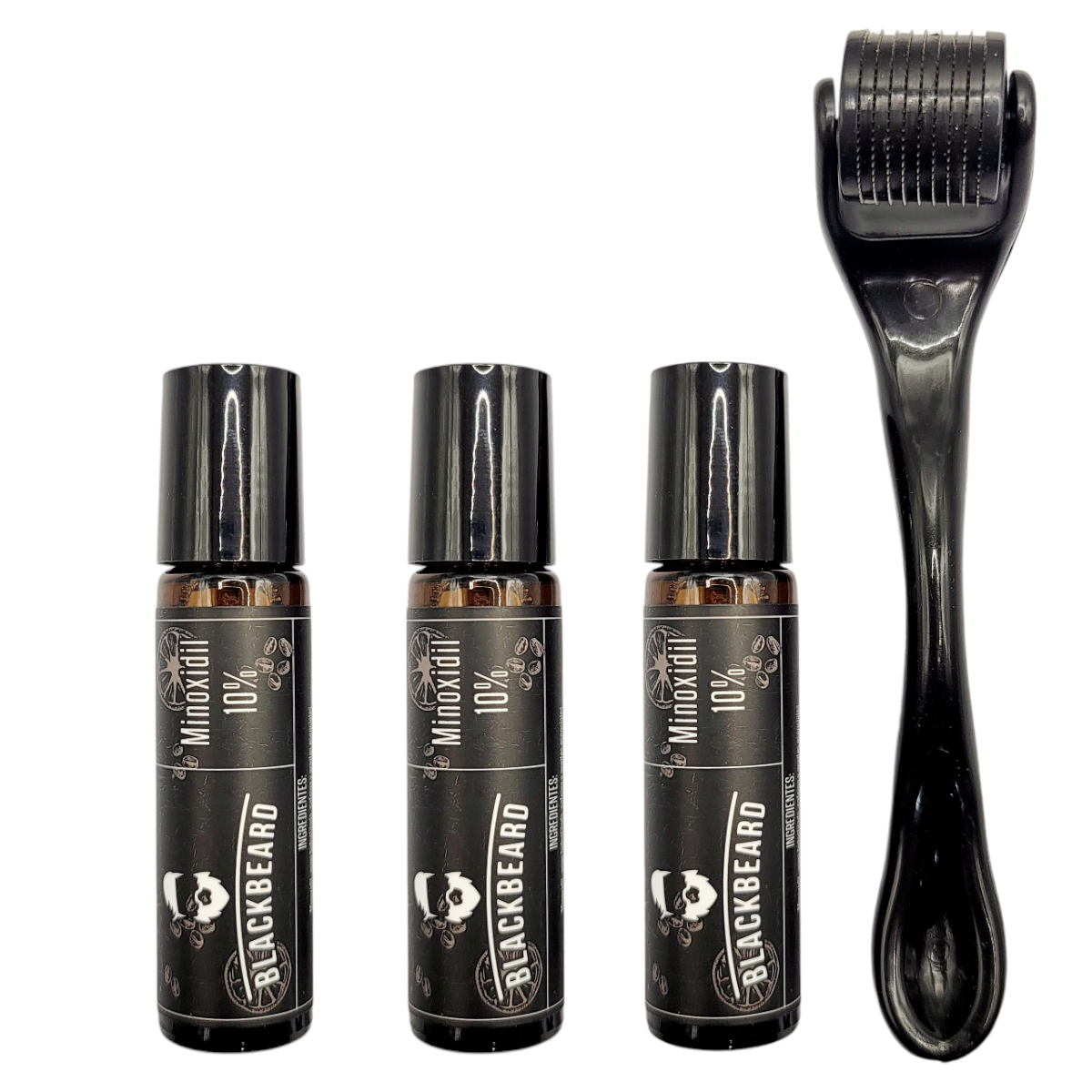 Minoxidil Al 10% en roll on + Aplicador Blackbeard adicionado con Cafeína 4 piezas