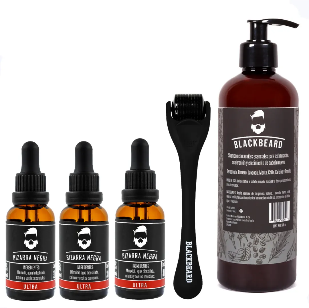 Minoxidil 15% + dermaroller Blackbeard y shampoo Con Cafeína 5 piezas