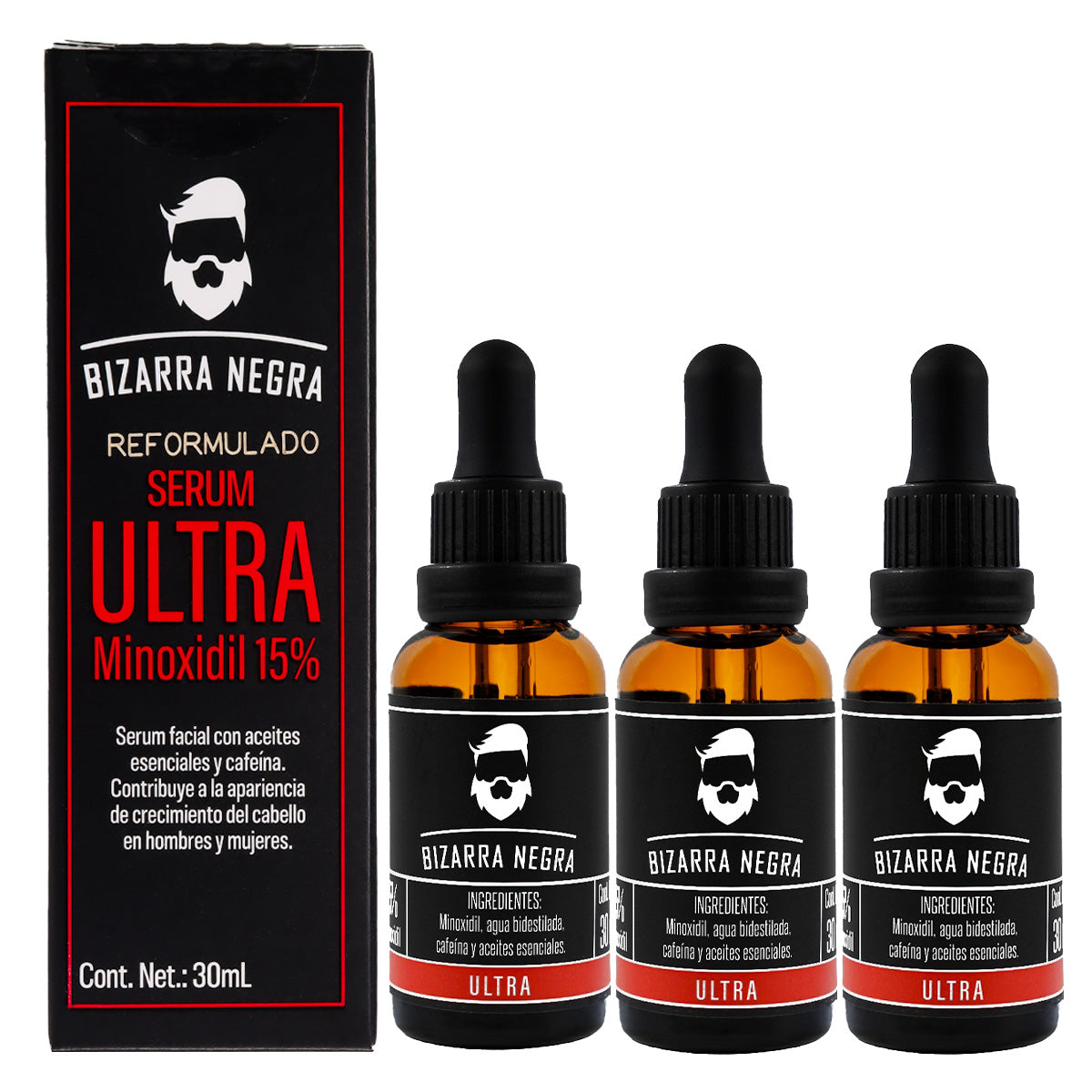 Minoxidil Al 15% Bizarra Negra Con Cafeína 3x2 (3 Frascos)