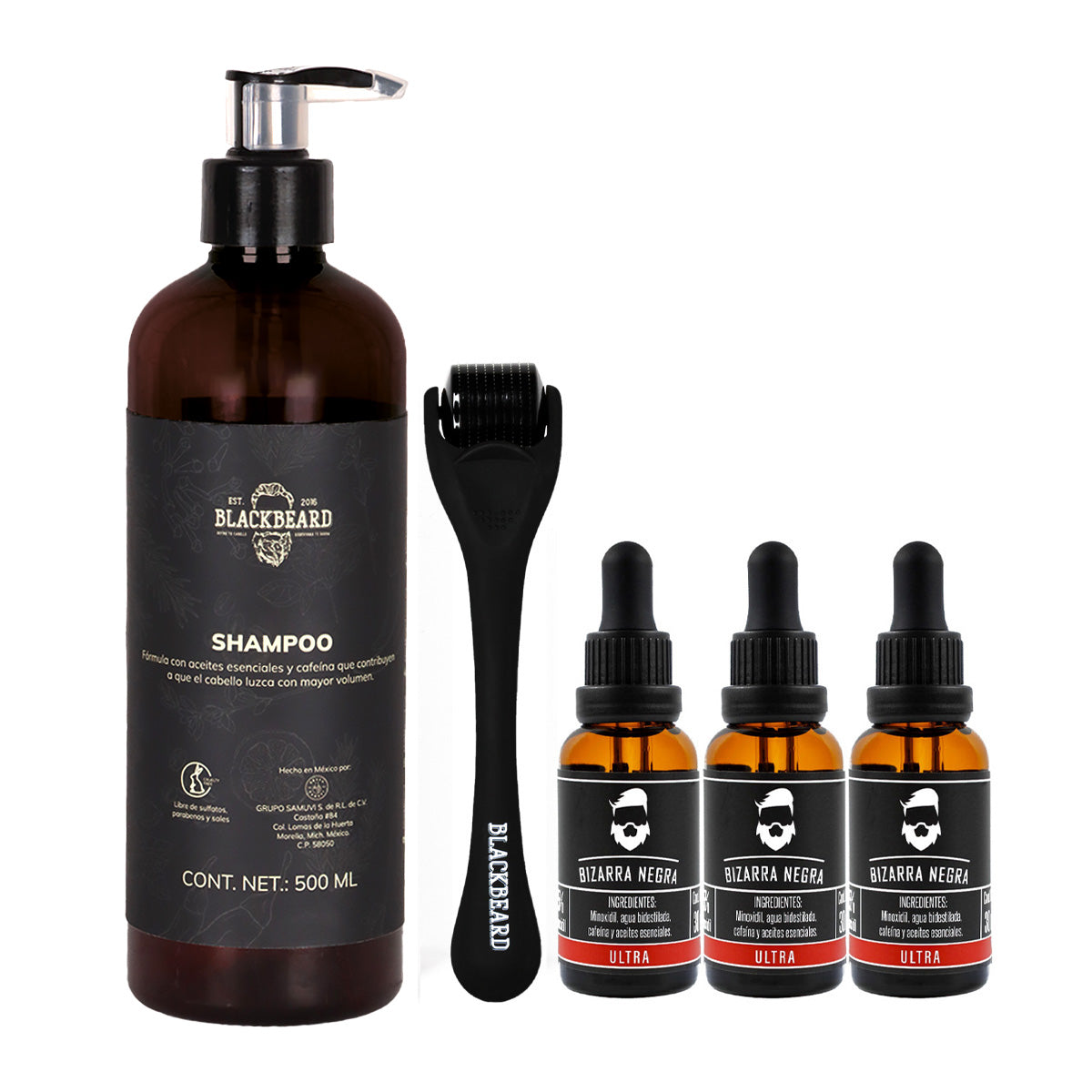 Gotero Bizarra Negra ULTRA 15% con Cafeína 3 Piezas + Shampoo Natural Blackbeard con Aceites Esenciales + Dermaroller