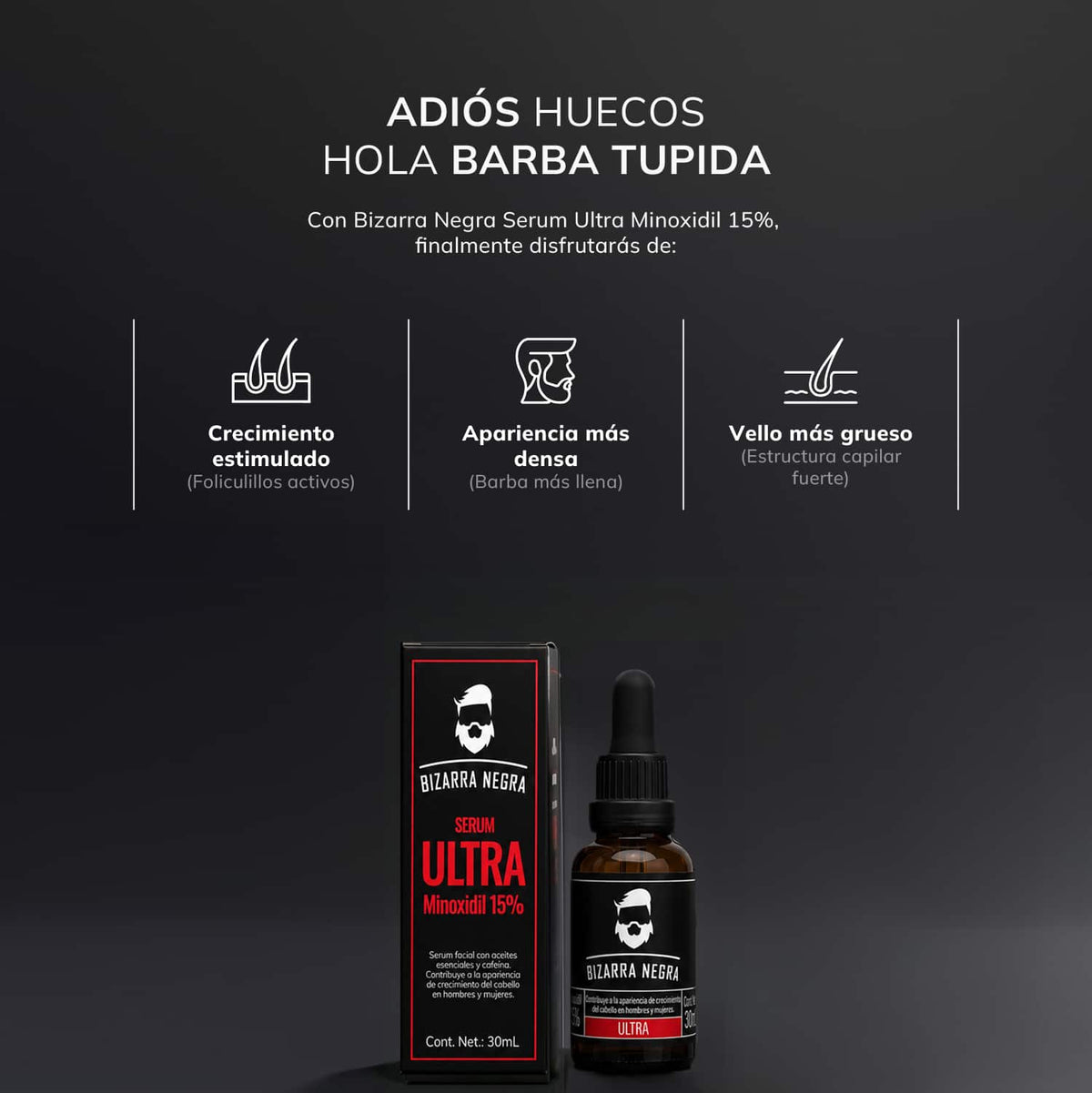 Gotero Bizarra Negra ULTRA 15% con Cafeína 3 Piezas + Dermaroller