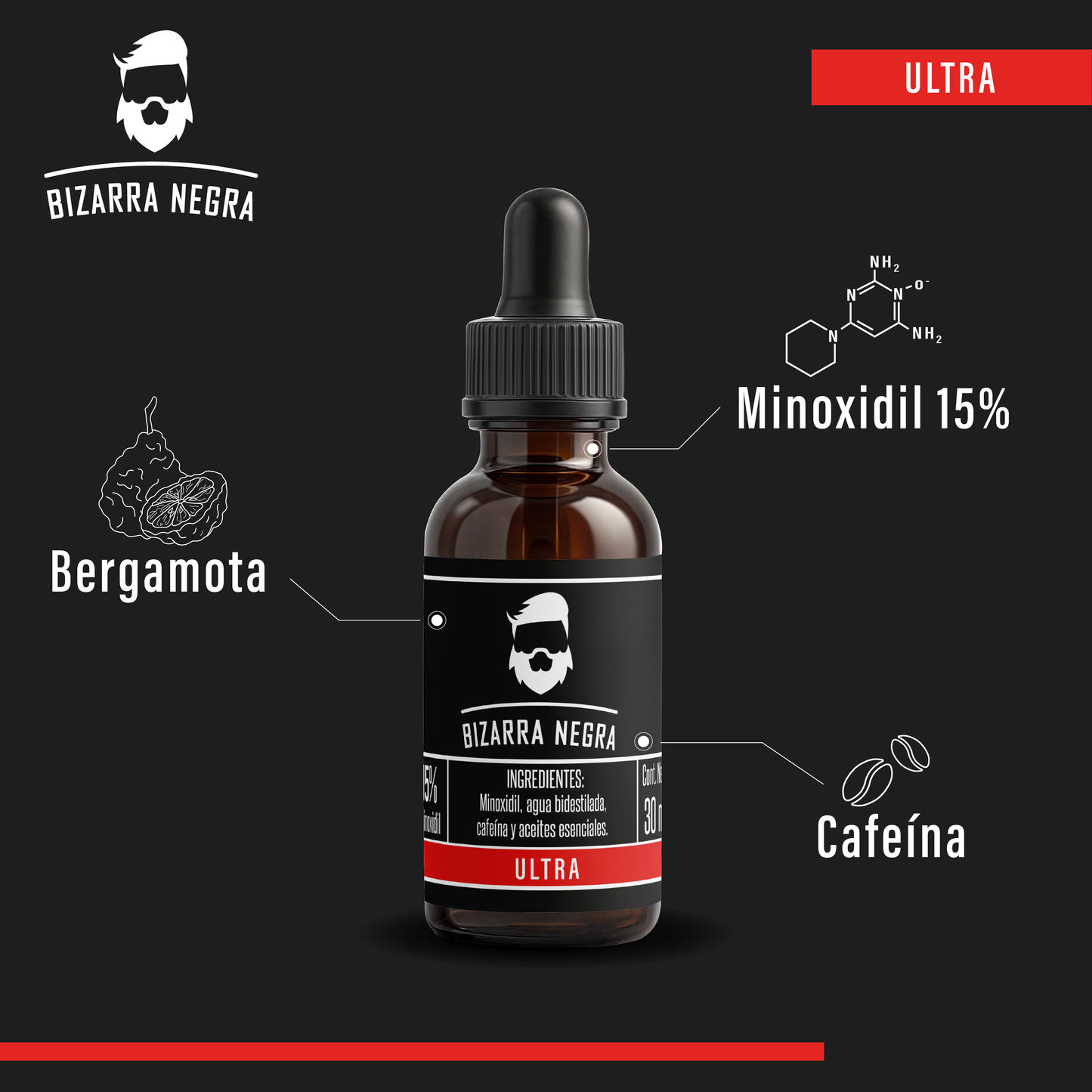 Minoxidil Al 15% Bizarra Negra Con Cafeína 3x2 (3 Frascos)