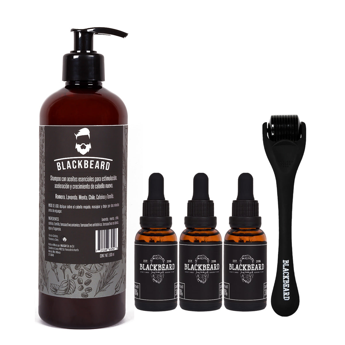 Minoxidil 10% + dermaroller Blackbeard y shampoo Con Cafeína 5 piezas