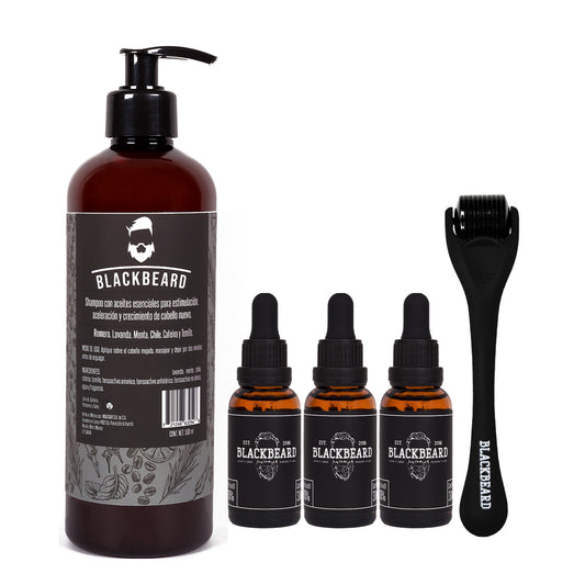 Minoxidil 10% + dermaroller Blackbeard y shampoo Con Cafeína 5 piezas